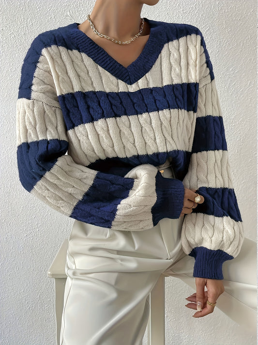 Sixsr Color Block Drop Shoulder Sweater, Casual Long Sleeve Sweater For Fall & Winter, Women's Clothing