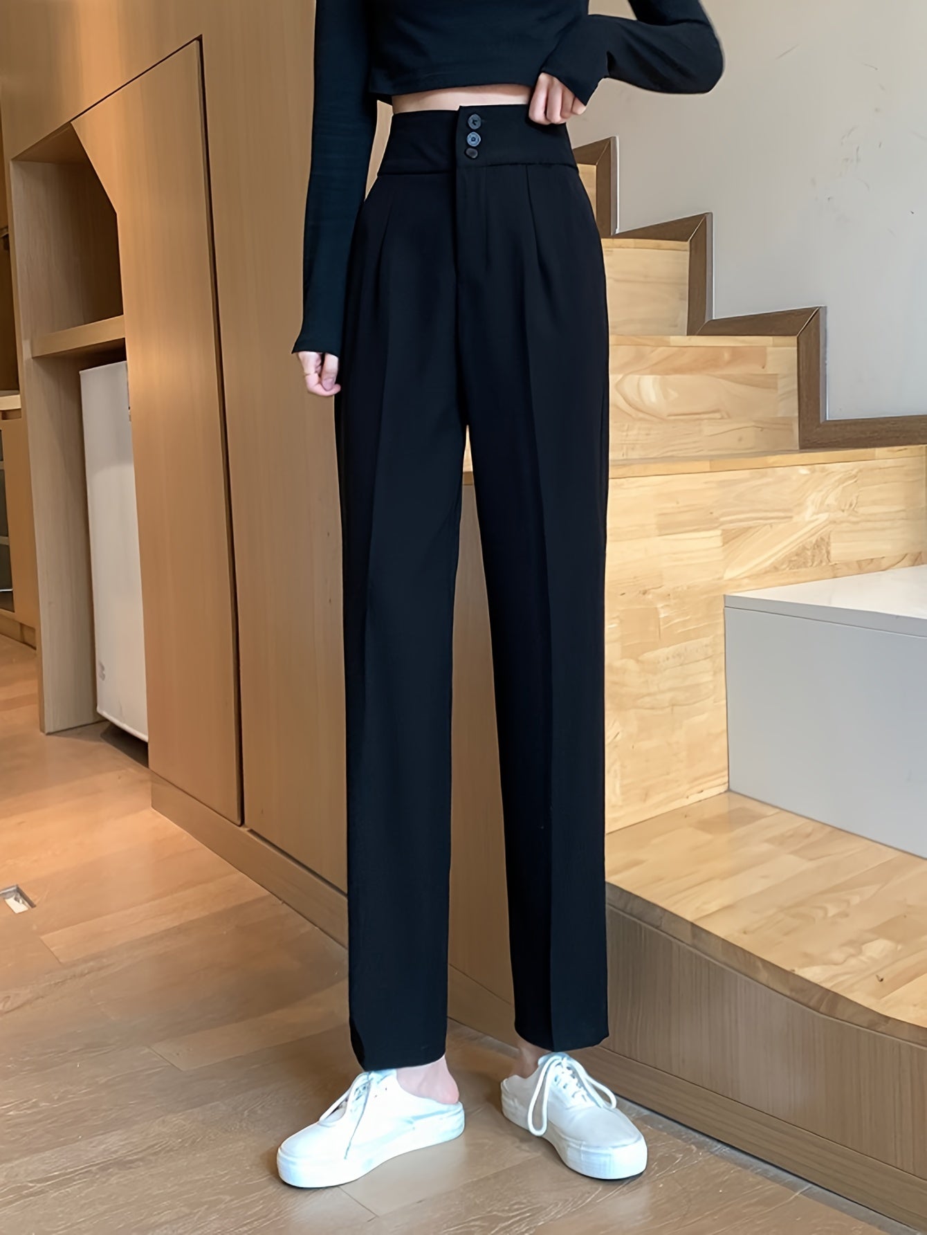 Sixsr Solid Button Front Straight Leg Pants, Versatile High Waist Pants For Spring & Fall, Women's Clothing