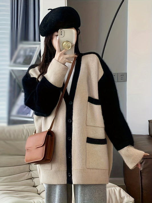 Sixsr Contrast Color Button Front Sweater Cardigan, Oversized V-neck Sweater For Fall & Winter, Women's Clothing