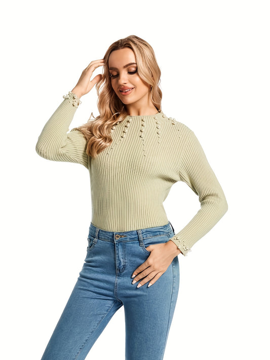 Sixsr Solid Beaded Crew Neck Sweater, Versatile Long Sleeve Slim Sweater, Women's Clothing