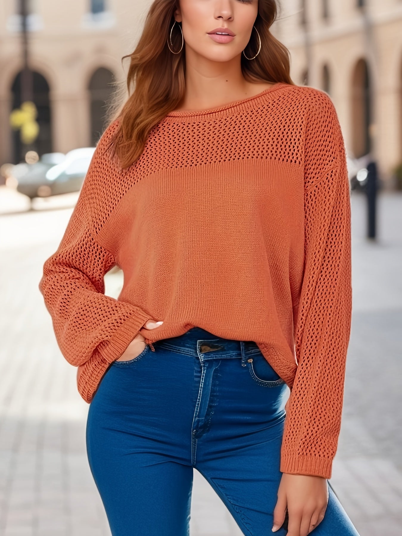 Sixsr Cut Out Crew Neck Pullover Sweater, Casual Long Sleeve Sweater, Women's Clothing