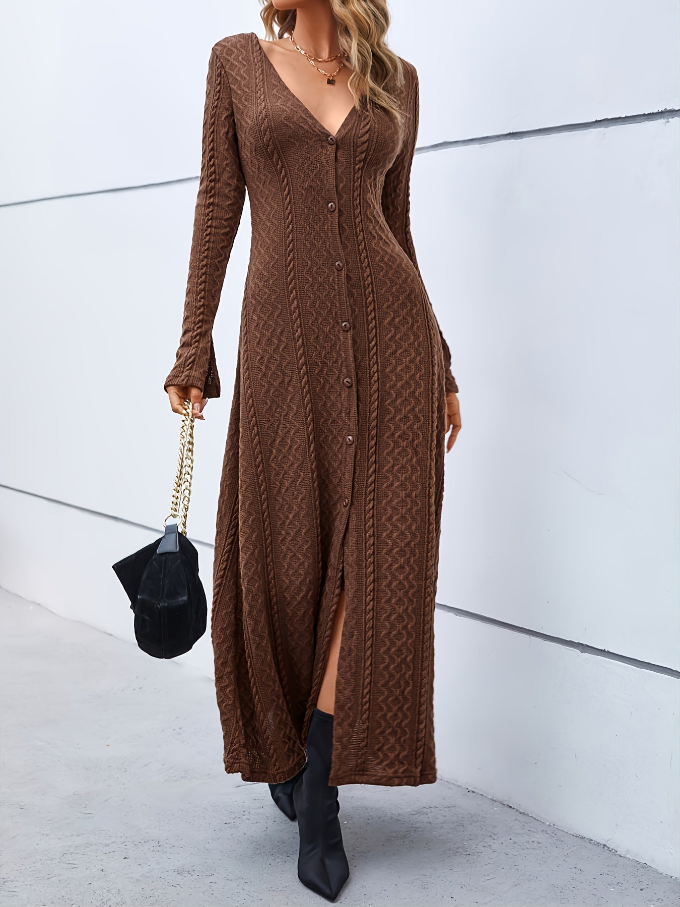 Sixsr Elegant Buttons Slit Long Dress, Casual Deep V Neck Long Sleeve Waist Long Dresses, Women's Clothing