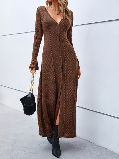 Sixsr Elegant Buttons Slit Long Dress, Casual Deep V Neck Long Sleeve Waist Long Dresses, Women's Clothing