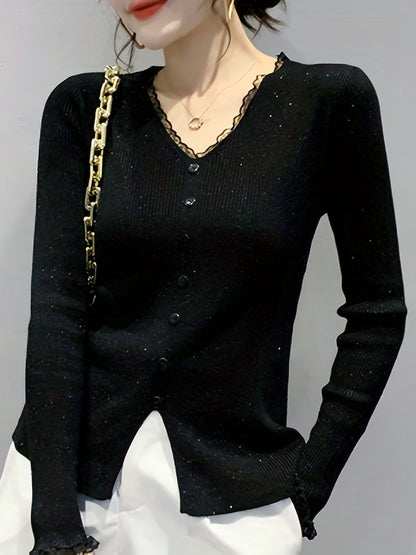 Sixsr Lace V Neck Button Front Knit Cardigan, Elegant Long Sleeve Slim Sweater, Women's Clothing