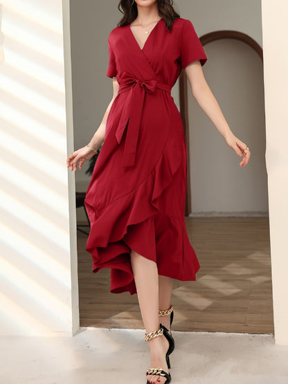 Sixsr Solid Ruffle Trim Dress, Elegant Surplice Neck Short Sleeve Maxi Dress, Women's Clothing