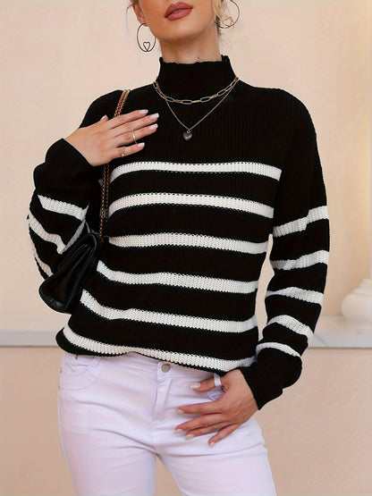 Sixsr Striped Turtle Neck Pullover Sweater, Casual Long Sleeve Sweater, Women's Clothing