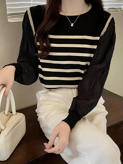 Women's Striped Knit Sweater - Comfortable and Versatile Crew Neck Sleeve Sweater