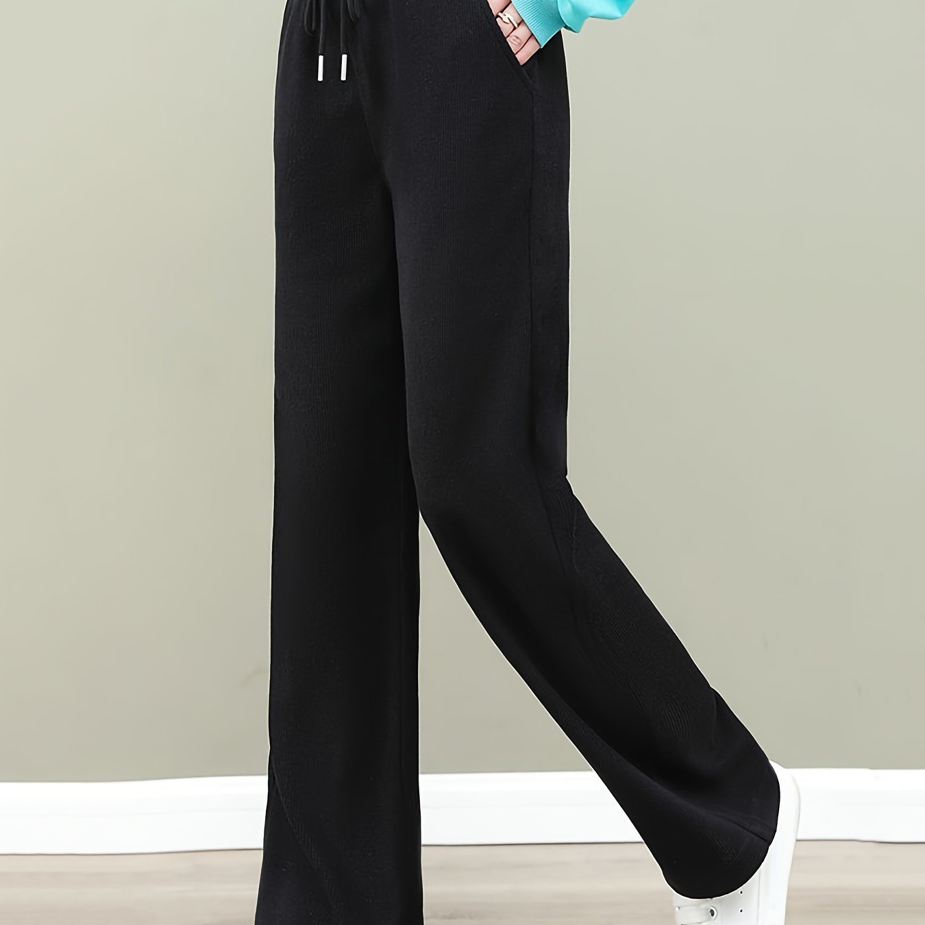 Sixsr Solid Straight Leg Pants, Casual Drawstring Waist Pocket Pants For Fall & Winter, Women's Clothing