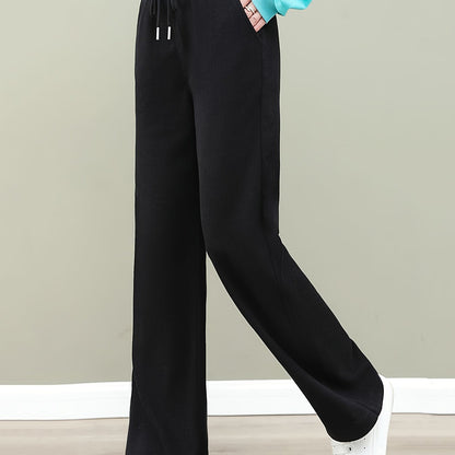 Sixsr Solid Straight Leg Pants, Casual Drawstring Waist Pocket Pants For Fall & Winter, Women's Clothing