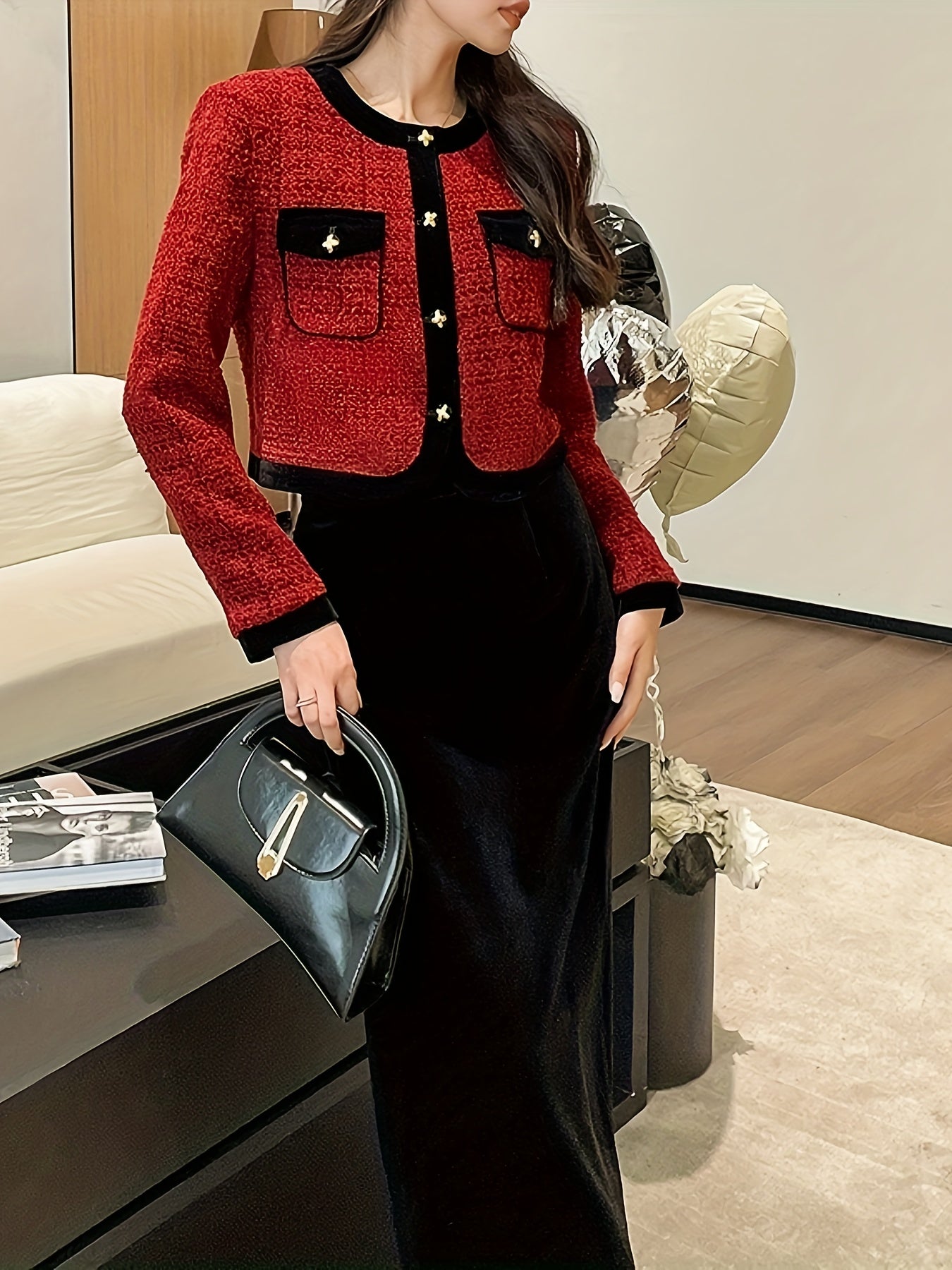Sixsr Elegant Work Two-piece Set, Button Front Long Sleeve Tops & Solid Split Skirts Outfits, Women's Clothing