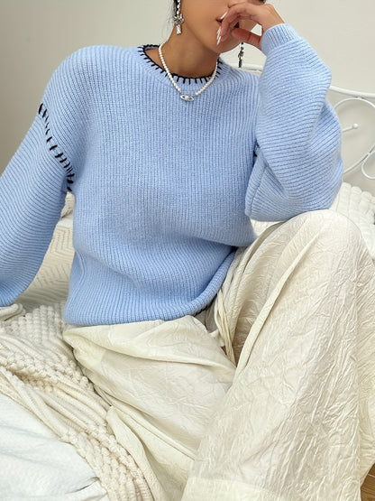 Sixsr Contrast Trim Crew Neck Sweater, Casual Long Sleeve Sweater For Fall & Winter, Women's Clothing