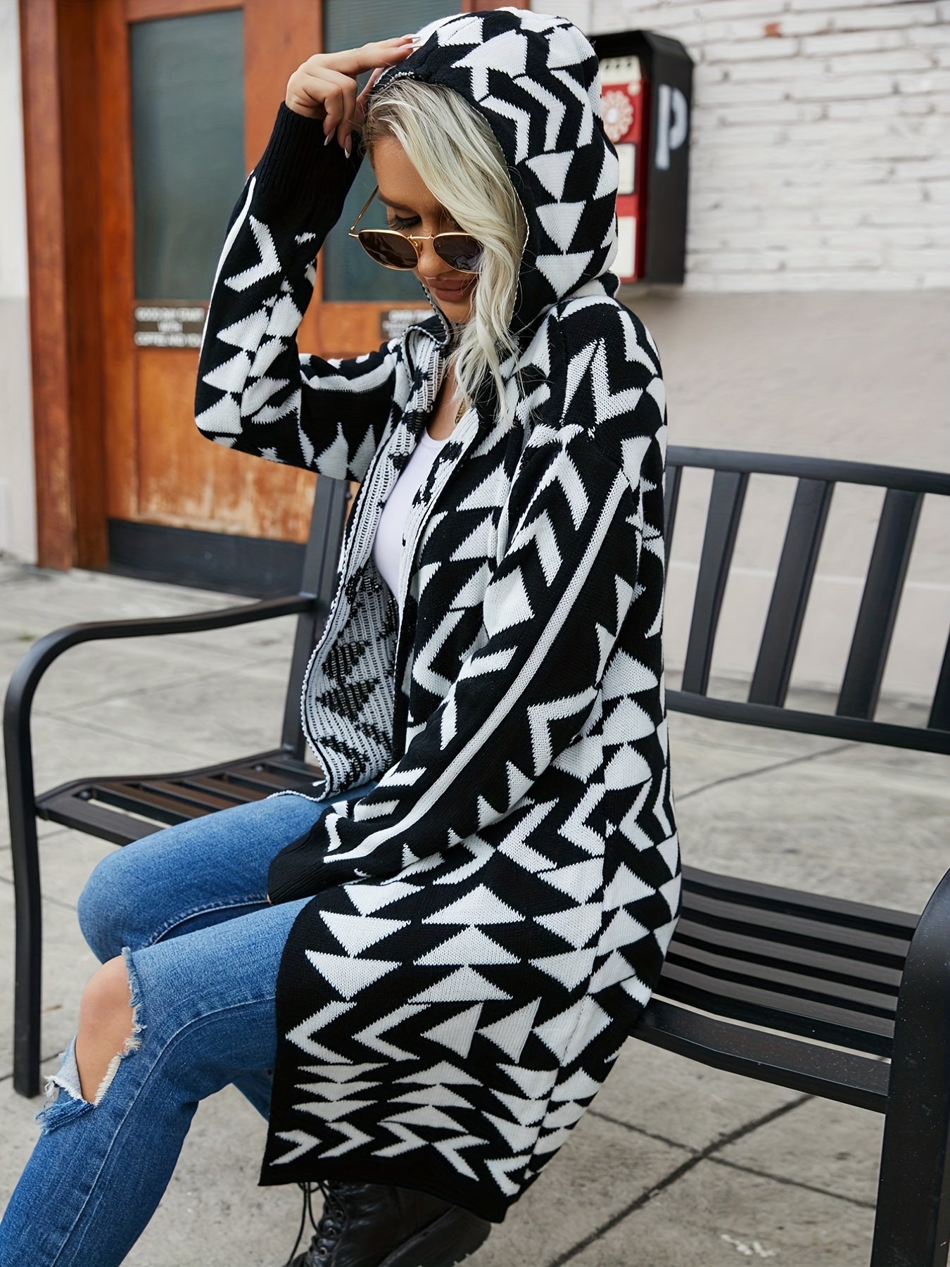 Geometric Pattern Open Front Hooded Cardigan, Casual Long Sleeve Long Length Cardigan For Fall & Winter, Women's Clothing