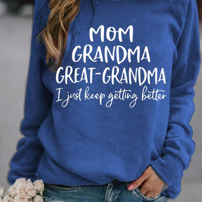 Sixsr Grandma Letter Print Solid Pullover, Long Sleeve Crew Neck Casual Sweatshirt, Women's Clothing