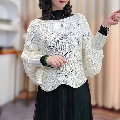 Sixsr Elegant Hollow Out Knitted Shawl Stylish Solid Color Pullover Coat Autumn Winter Warm Versatile Bat Sleeves Cloak