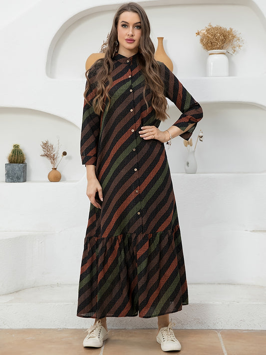 Sixsr Color Block Striped Print Dress, Vintage Button Front Long Sleeve High Neck Ruched Dress, Women's Clothing