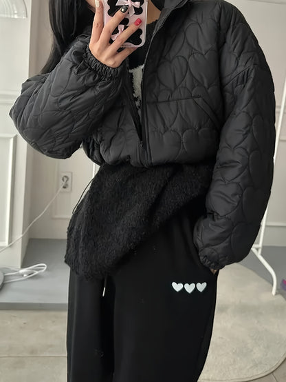 Sixsr Heart Pattern Zip Up Jacket, Casual Collared Long Sleeve Warm Outerwear For Fall & Winter, Women's Clothing