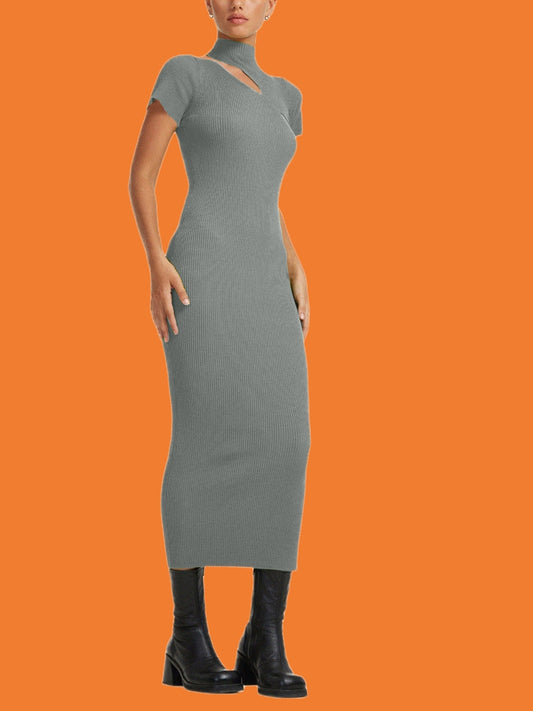 Sixsr Women's Dresses Sexy Casual Short Sleeve High Neck Hollowed Slim Fit Solid Bodycon Long Dress