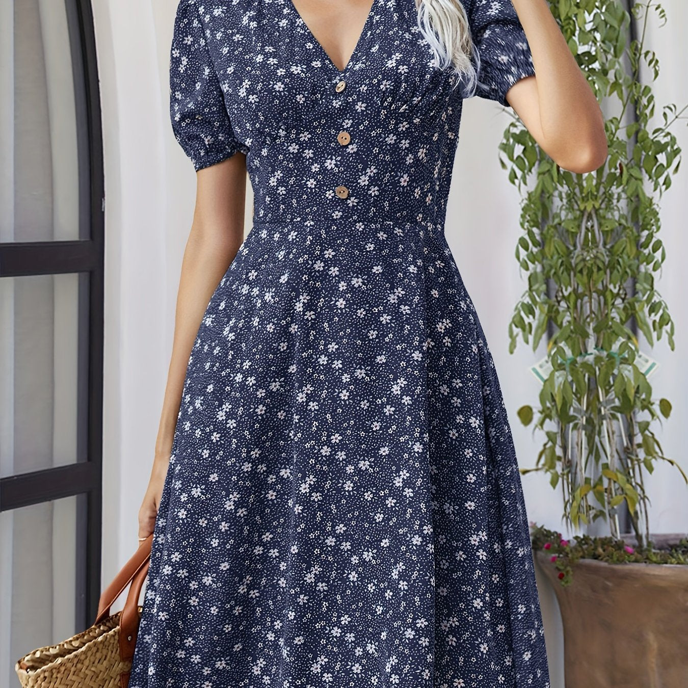 Floral Print V Neck Dress, Elegant Short Sleeve Dress For Spring & Summer, Women's Clothing