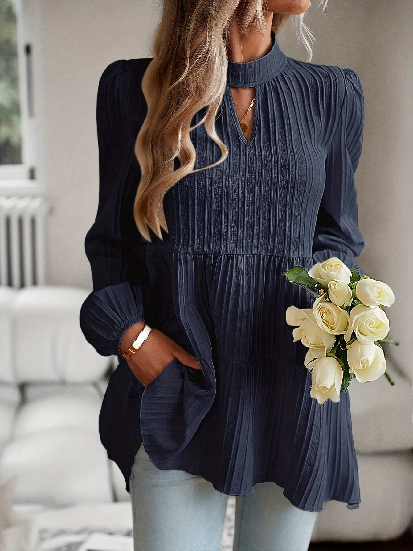 Sixsr Textured Keyhole Blouse, Elegant Mock Neck Long Sleeve Blouse, Women's Clothing