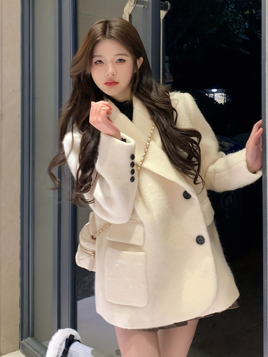 Sixsr Solid Button Front Coat, Casual Long Sleeve Warm Outwear, Women's Clothing