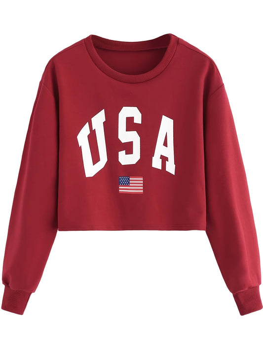 Sixsr Graphic Print Crop Sweatshirt, Long Sleeve Crew Neck Pullover Sweatshirt, Casual Tops For Fall & Winter, Women's Clothing