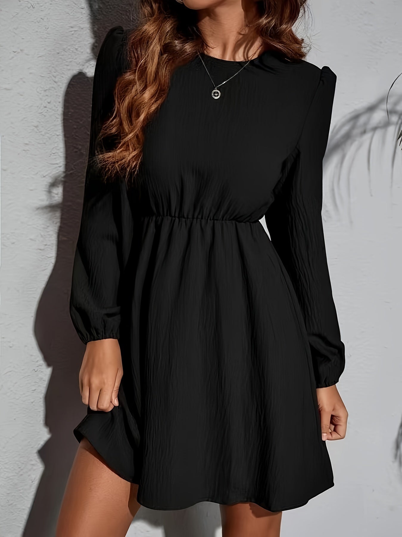 Sixsr Cinched Waist Solid Dress, Elegant Crew Neck Long Sleeve Dress, Women's Clothing