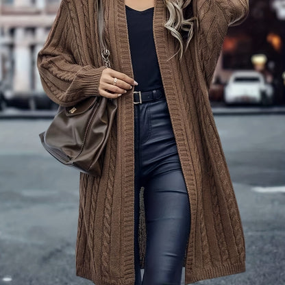 Sixsr Solid Open Front Cable Knit Cardigan, Casual Long Sleeve Hooded Sweater Coat, Women's Clothing