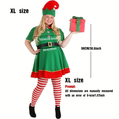 4PCS Women's Christmas Elf Costume Set - Polyester Elf Dress, Hat, Belt, Striped Stockings for Holiday Parties & Halloween - Universal Adult Novelty Outfit without Feathers, No Electricity Required