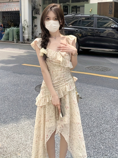 Sixsr Allover Print Ruffle Trim Dress, Versatile Asymmetrical Hem Dress For Spring & Summer, Women's Clothing