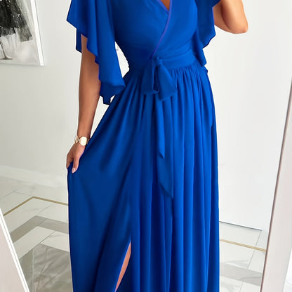 Elegant Plus Size Maxi Dress with Ruffle Sleeves and High Split Hem - Perfect for Special Occasions