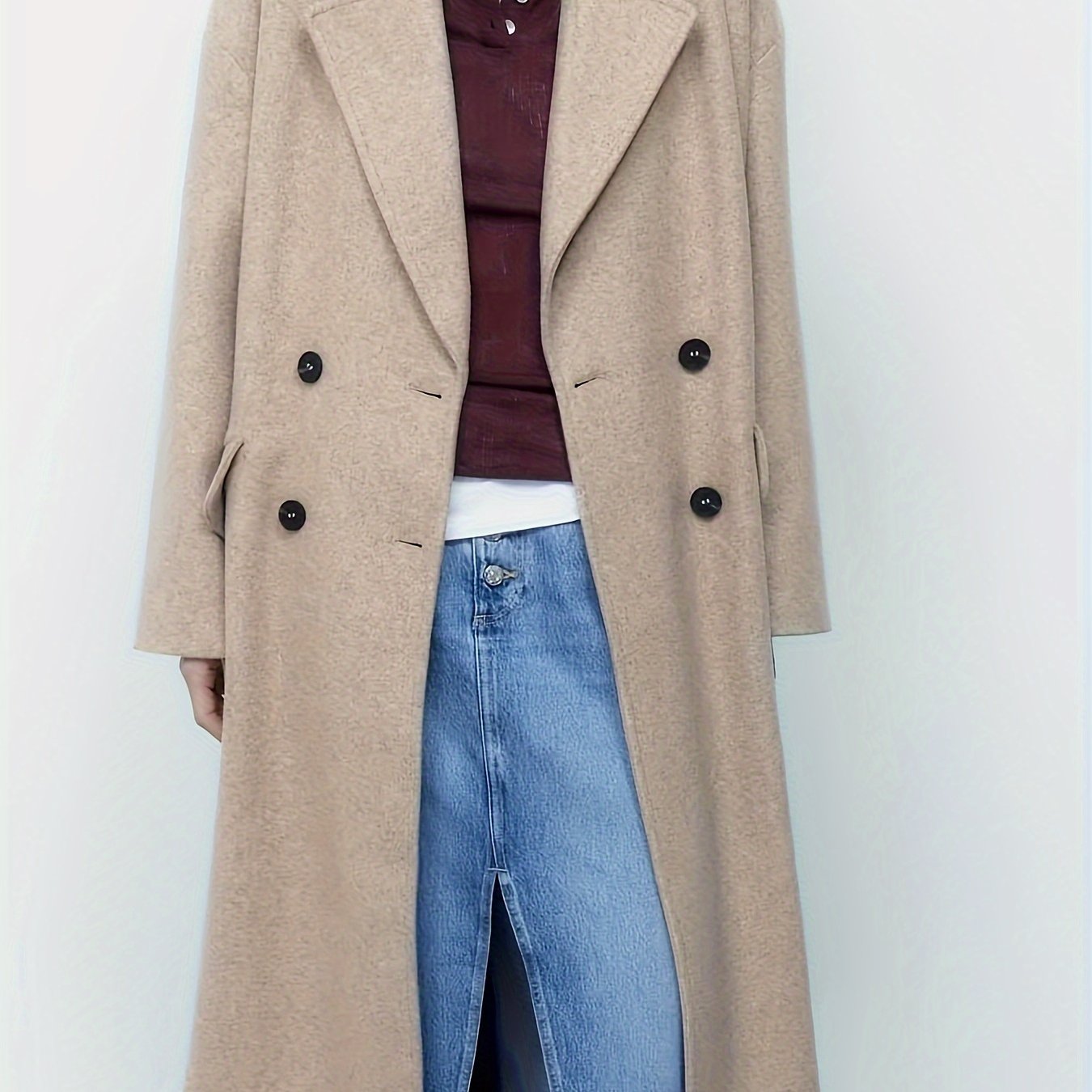 Sixsr Solid Double Breasted Lapel Overcoat, Elegant Long Sleeve Winter Warm Outwear, Women's Clothing