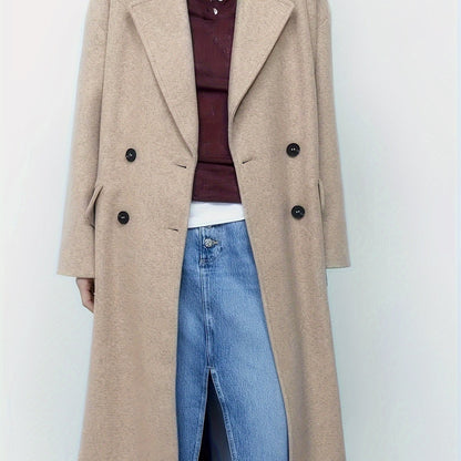 Sixsr Solid Double Breasted Lapel Overcoat, Elegant Long Sleeve Winter Warm Outwear, Women's Clothing