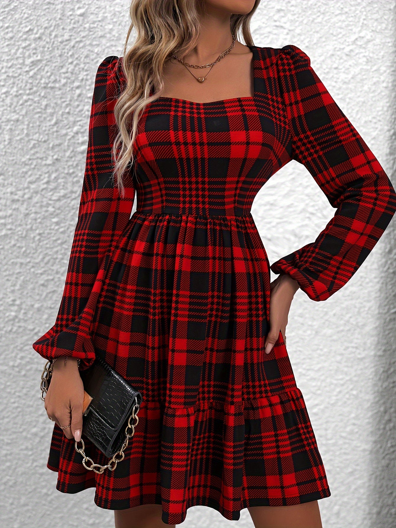 Sixsr Plaid Pattern Square Neck Dress, Vintage Lantern Sleeve Dress For Spring & Fall, Women's Clothing