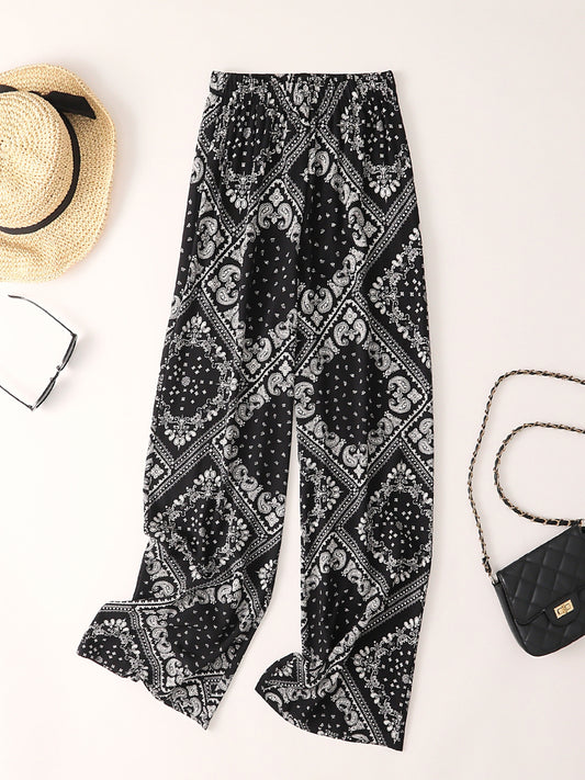 Paisley Scarf Print Wide Leg Pants, Boho Casual Loose Pants For Spring & Summer, Women's Clothing