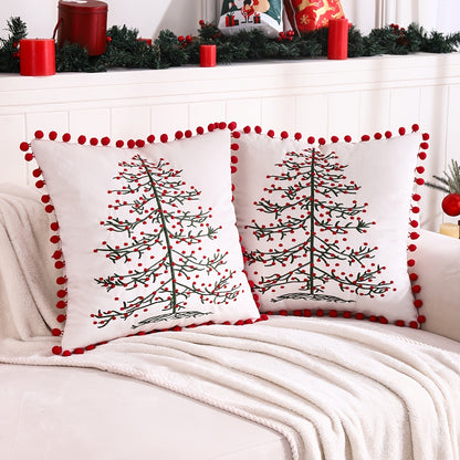 2pcs Tassel Embroidery Christmas Tree Throw Pillow Covers, Home Decor Pillowcase for Bedroom Living Room Sofa Car