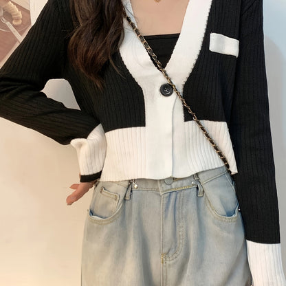 Sixsr Color Block Single Button Knit Cardigan, Casual V Neck Long Sleeve Crop Sweater, Women's Clothing