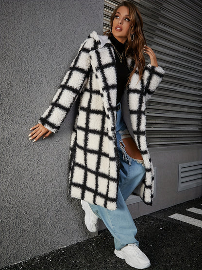 Sixsr Plaid Print Double-breasted Plush Coat, Casual Thermal Long Sleeve Lapel Midi Length Coat For Fall & Winter, Women's Clothing