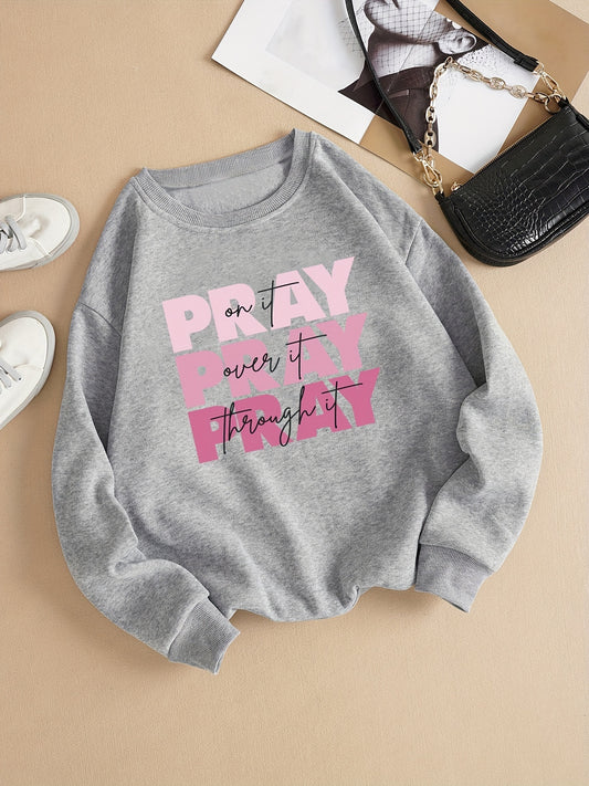 Sixsr Pray Letter Print Thermal Sweatshirt, Long Sleeve Crew Neck Casual Sweatshirt For Spring & Fall, Women's Clothing