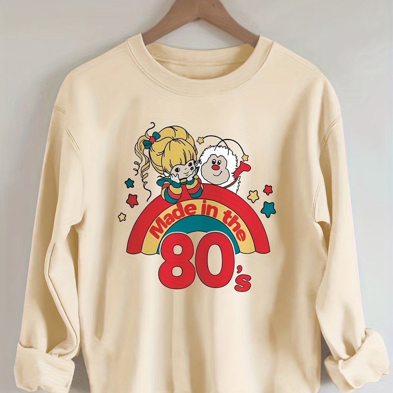 Sixsr Plus Size Casual Sweatshirt, Women's Plus Cartoon Figure & Rainbow & Letter "80s" Print Long Sleeve Round Neck Slight Stretch Sweatshirt