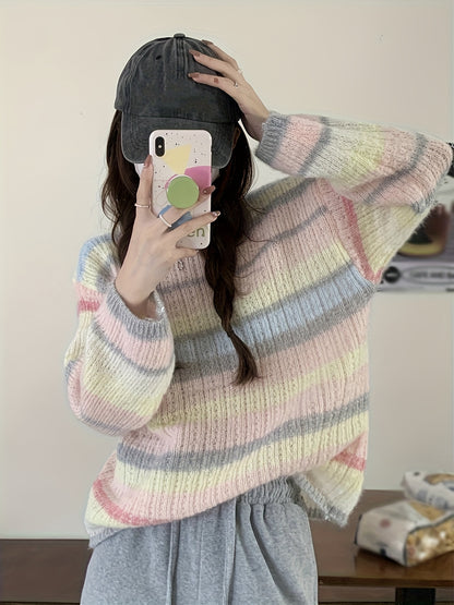 Benpaolv Rainbow Striped Crew Neck Pullover Sweater, Casual Long Sleeve Loose Cozy Sweater, Women's Clothing