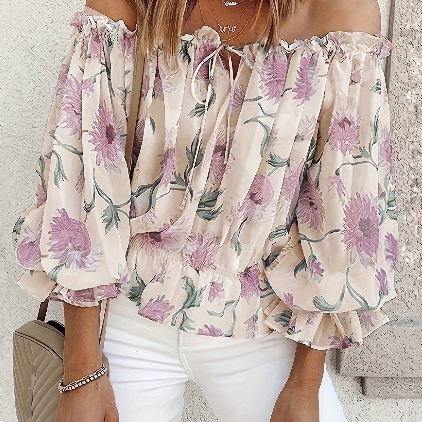 Off Shoulder Floral Print Blouse, Casual Ruffle Trim Blouse, Women's Clothing