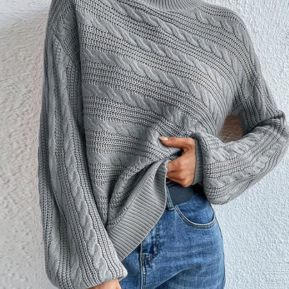Sixsr Solid Mock Neck Cable Knit Sweater, Casual Long Sleeve Loose Sweater, Women's Clothing