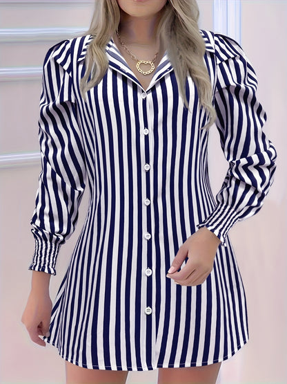 Sixsr Striped Button Front Dress, Elegant Ruched Long Sleeve Lapel Collar Shirt, Women's Clothing