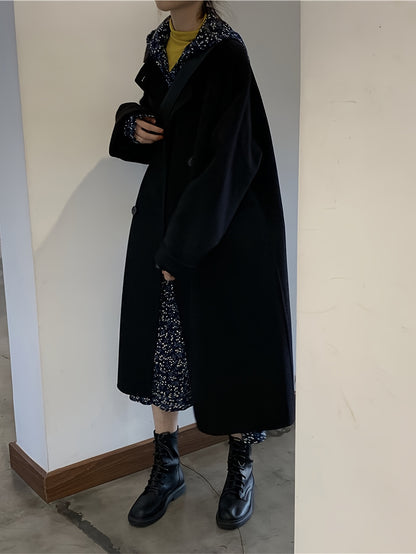 Sixsr Solid Double Breasted Pockets Overcoat, Versatile Long Sleeve Winter Warm Outwear For Fall & Winter, Women's Clothing