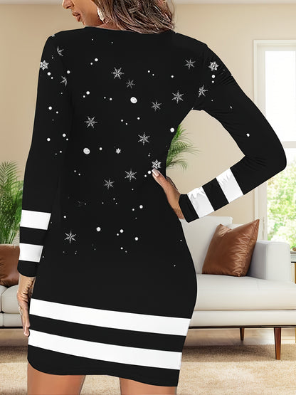 Charming Snowman Print Christmas Dress for Women - Casual Long Sleeve, Crew Neck, Bodycon Fit with Stretch Fabric