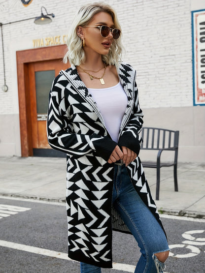 Geometric Pattern Open Front Hooded Cardigan, Casual Long Sleeve Long Length Cardigan For Fall & Winter, Women's Clothing