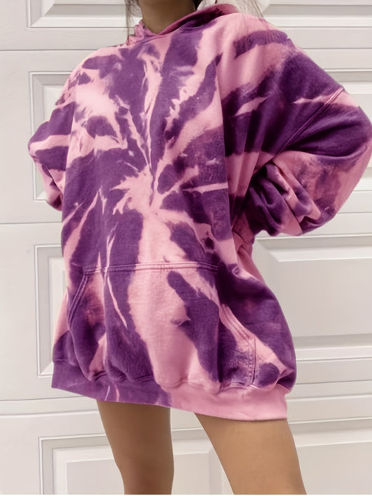 Sixsr Plus Size Casual Sweatshirt, Women's Plus Tie Dye Long Sleeve Slight Stretch Hoodie With Pocket