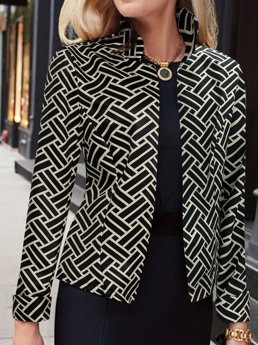 Sixsr Plus Size Elegant Coat, Women's Plus Allover Geometric Print Long Sleeve Open Front Mock Neck Medium Stretch Slim Fit Coat