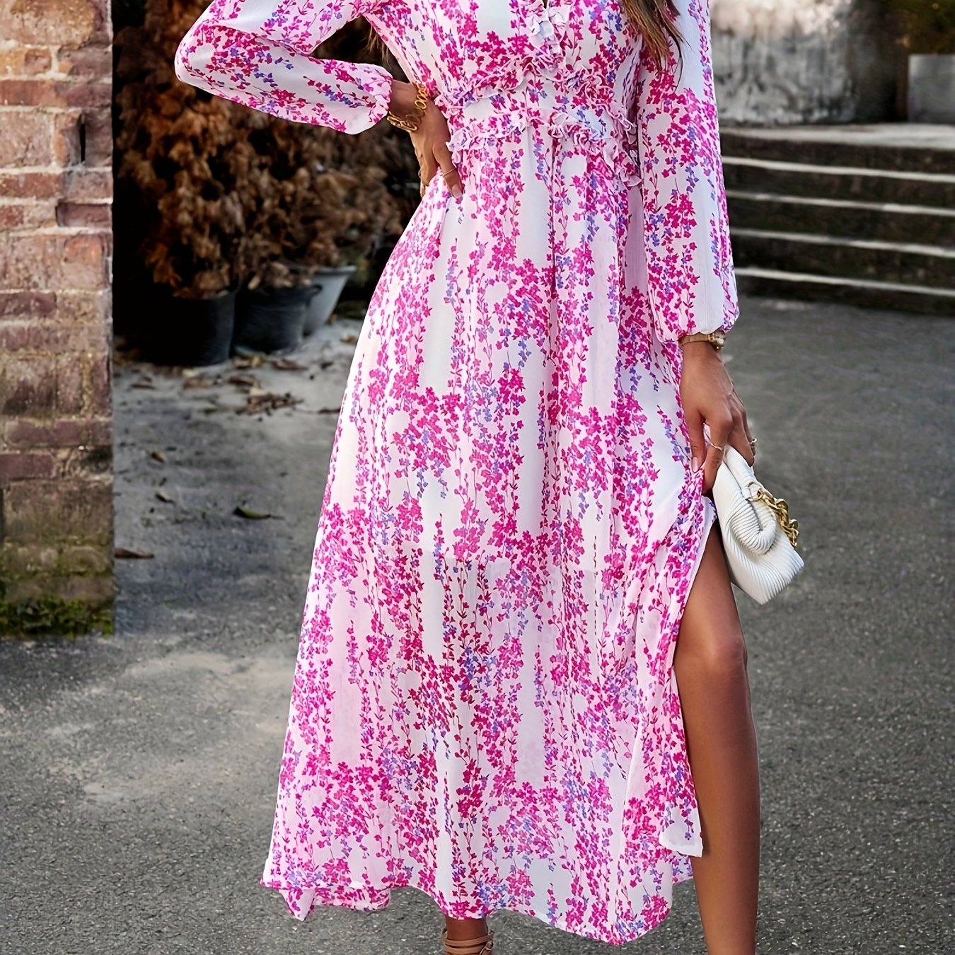 Sixsr Floral Print Maxi Dress, Casual V Neck Long Sleeve Dress, Women's Clothing