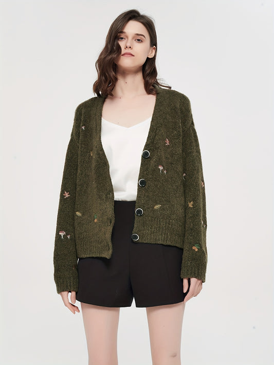 Sixsr Graphic Pattern Button Down Knit Cardigan, Vintage Long Sleeve Loose Sweater, Women's Clothing